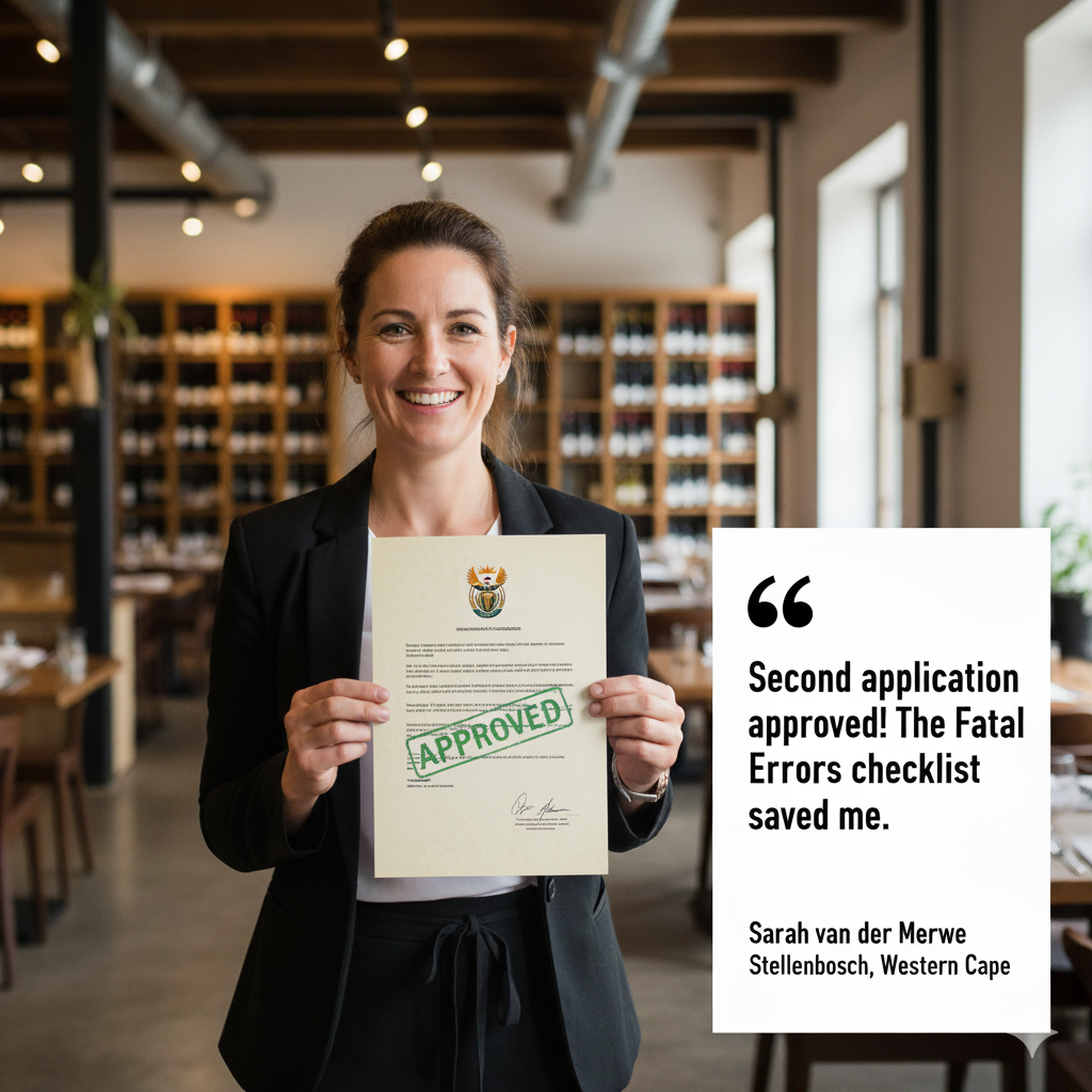 Sarah van der Merwe - Happy restaurant owner with approval letter